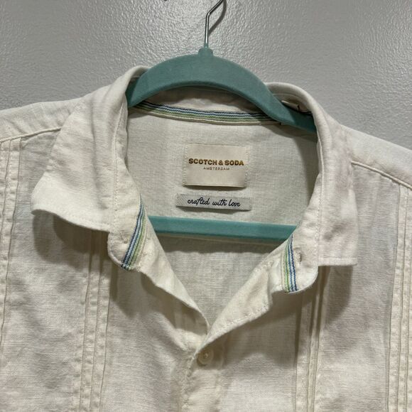 Scotch & Soda Button Up Top Linen Collared Short Sleeve Shirt White Men sz Large - Picture 2 of 7